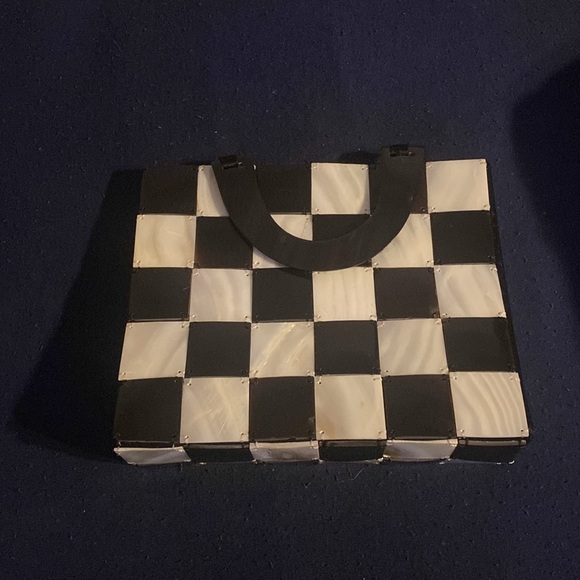 Retro Black White Mini Checkered Purse Mother of Pearl - Picture 4 of 6